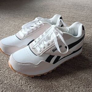 Reebok White Sneakers with Black Stripes and Gum Sole